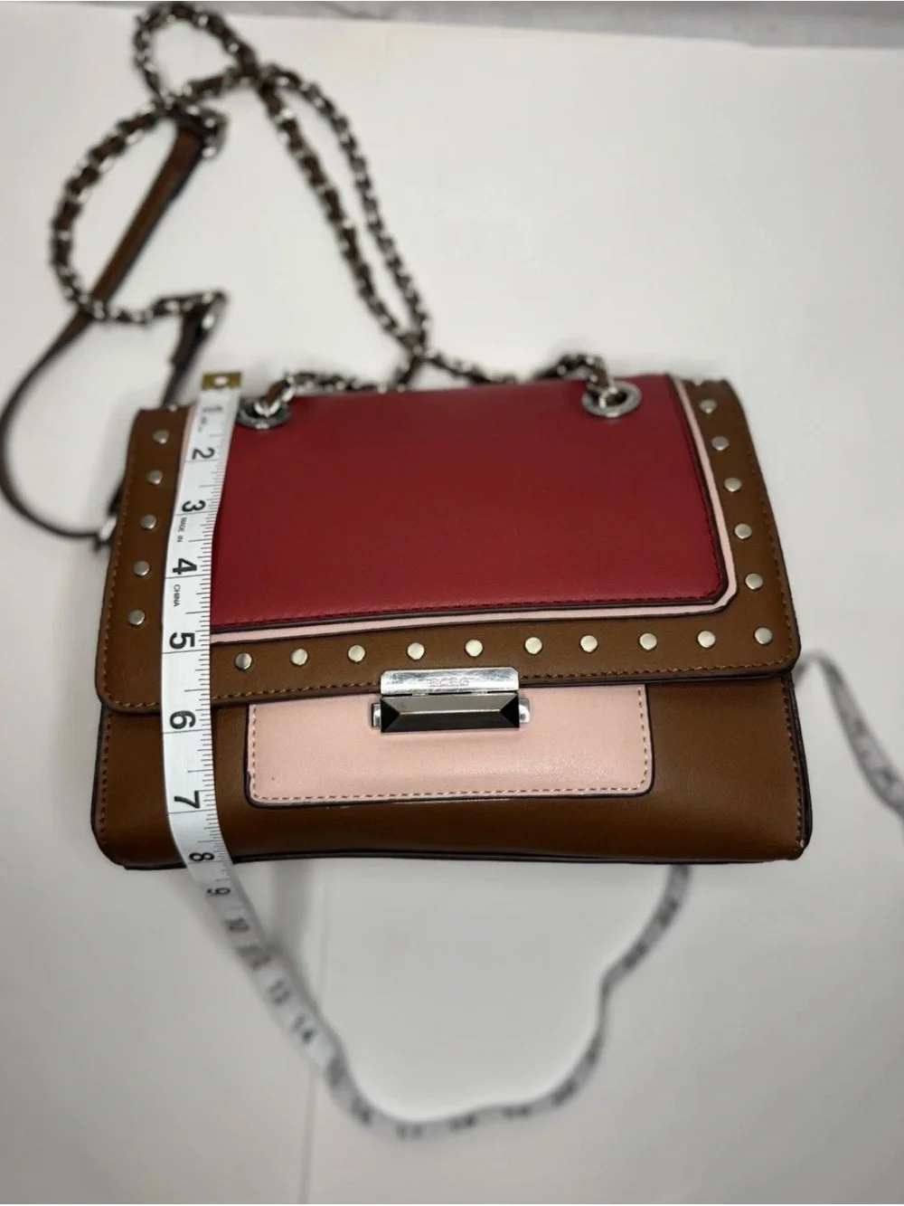 BCBG Colorblock Studded Shoulder Bag in Red, Brown & Pink